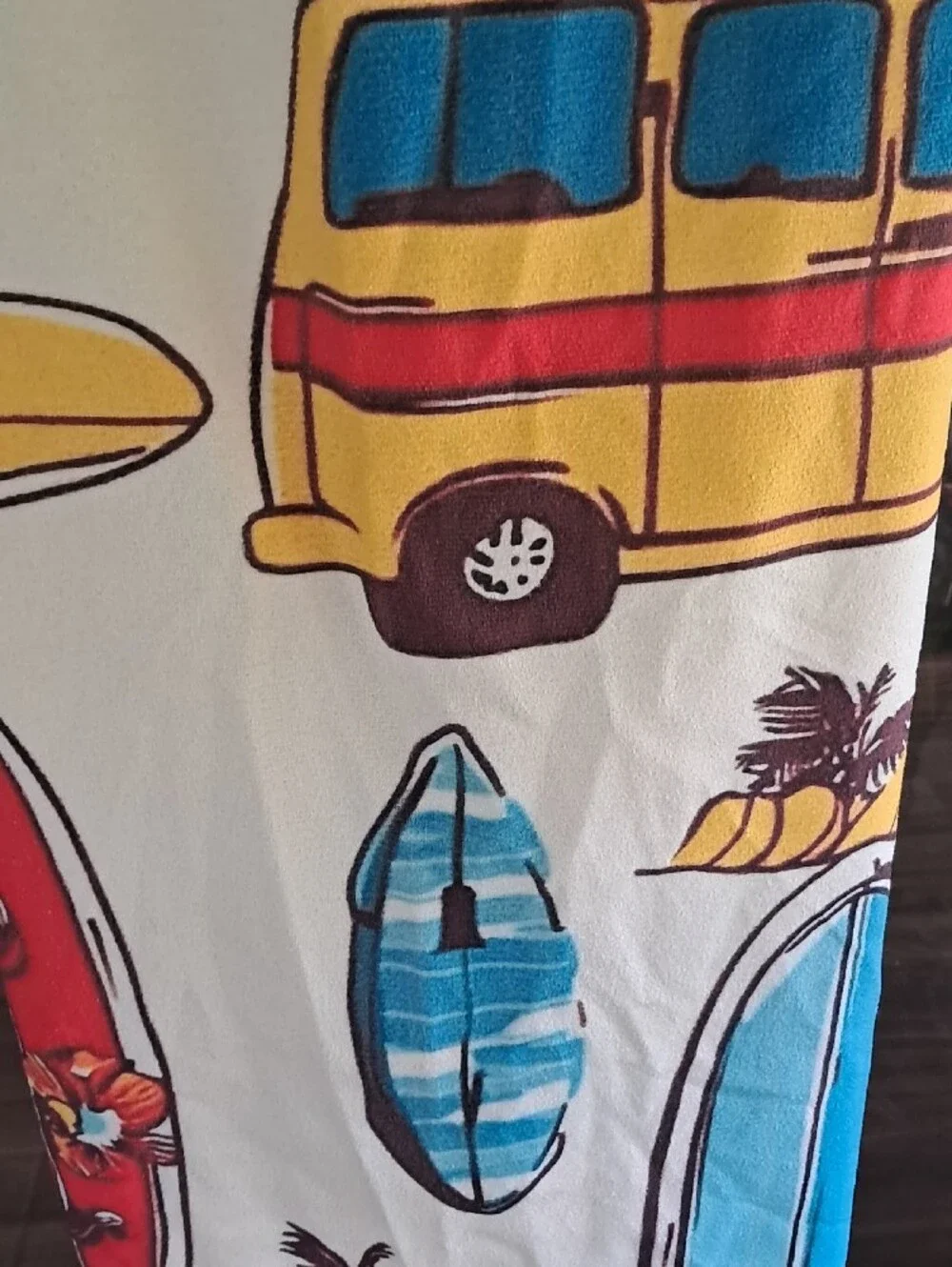 Tropical Surfboard & Van Beach Towel - White with Blue, Yellow, Red